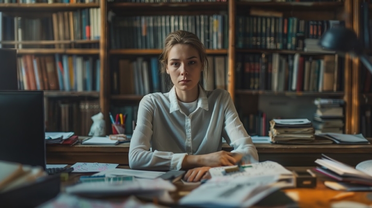 woman sitting at her desk, discouraged, surrounded by papers and books full of notes. Messy office, worker, teacher, boredom