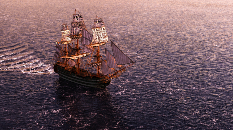 pirate ship sailing on the ocean at sunset